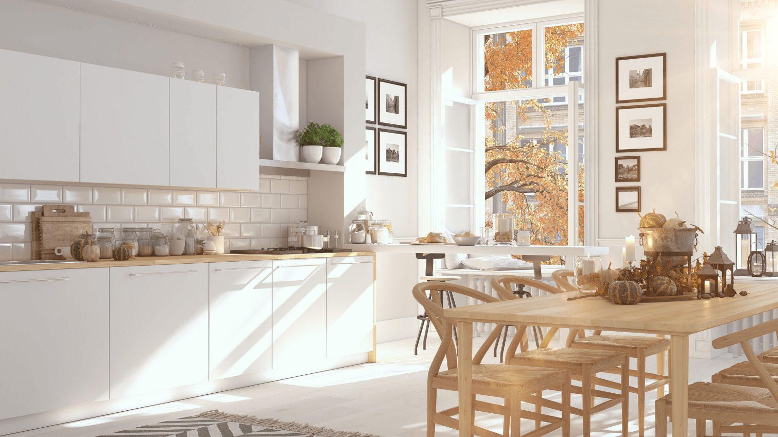 nordic kitchen in an apartment. 3D rendering. thanksgiving concept.