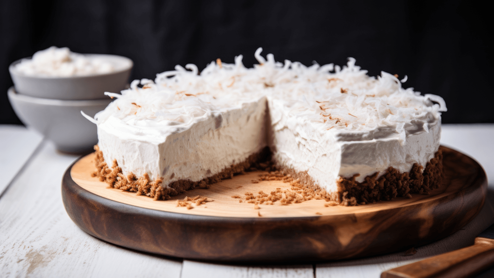 raw vegan coconut cream pie on a wooden board