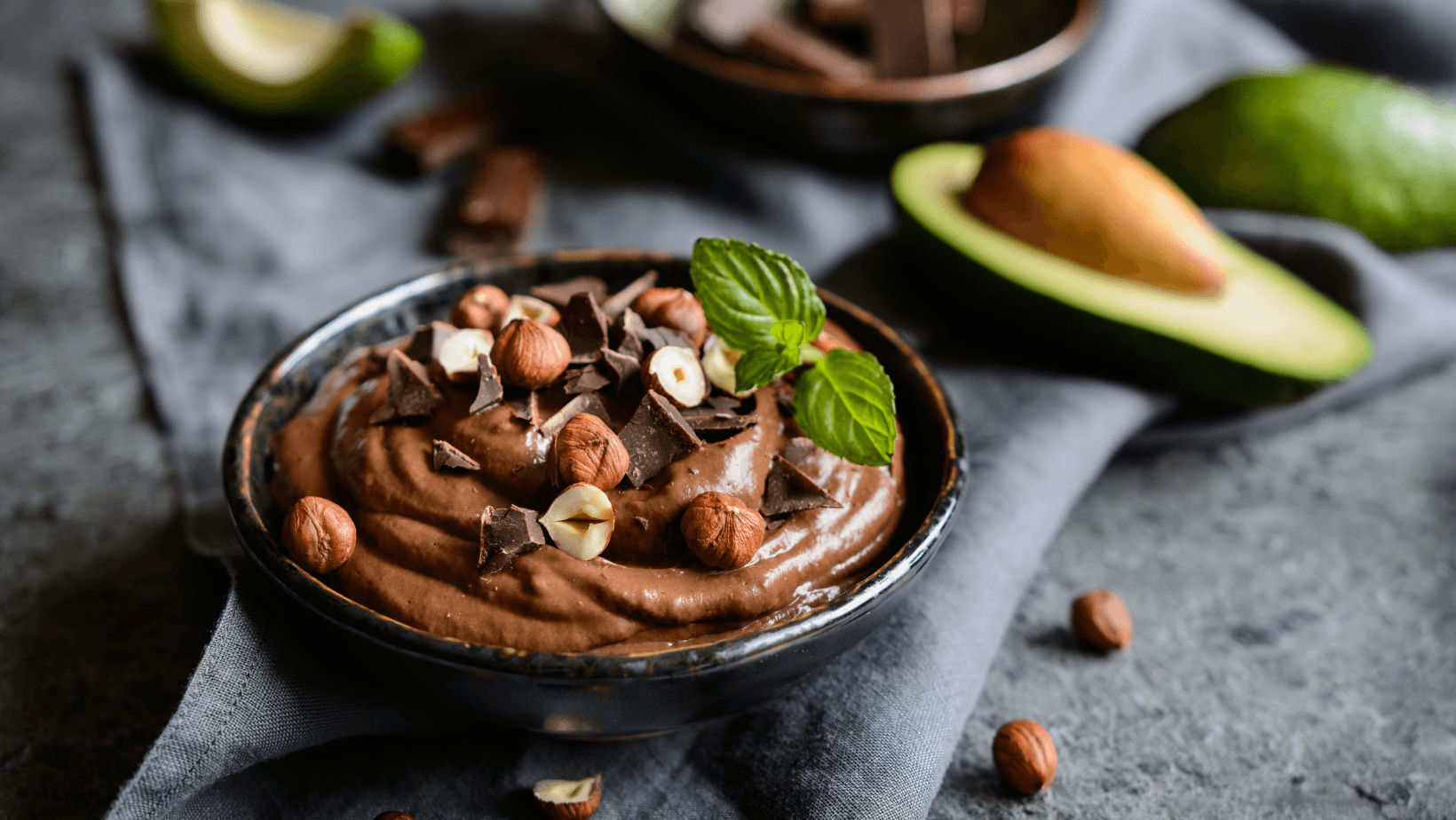 Raw avocado chocolate mousse with hazelnuts