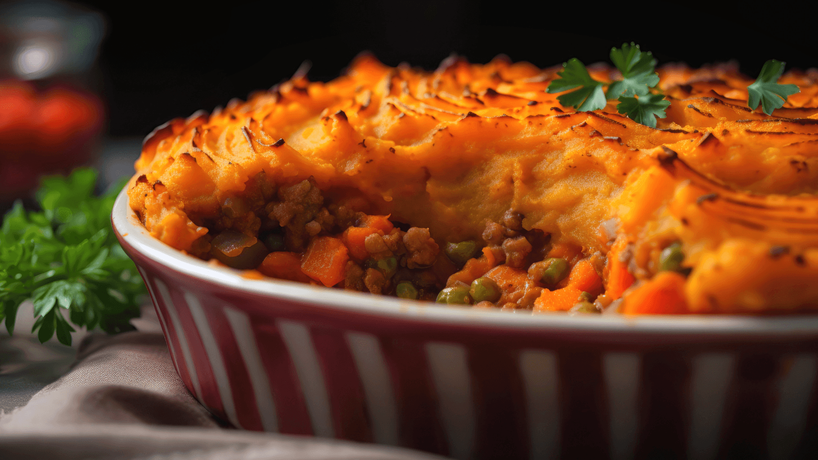 A vegan lentil shepherd's pie with mashed sweet potatoes on top