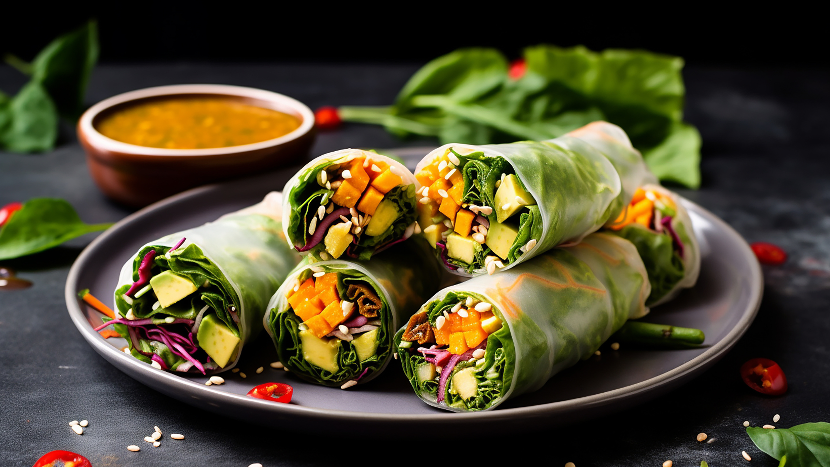 mouthwatering avocado veggies spring rolls, served with a tantalizingly sweet Thai mango sauce—perfect for a fresh and flavorful delight