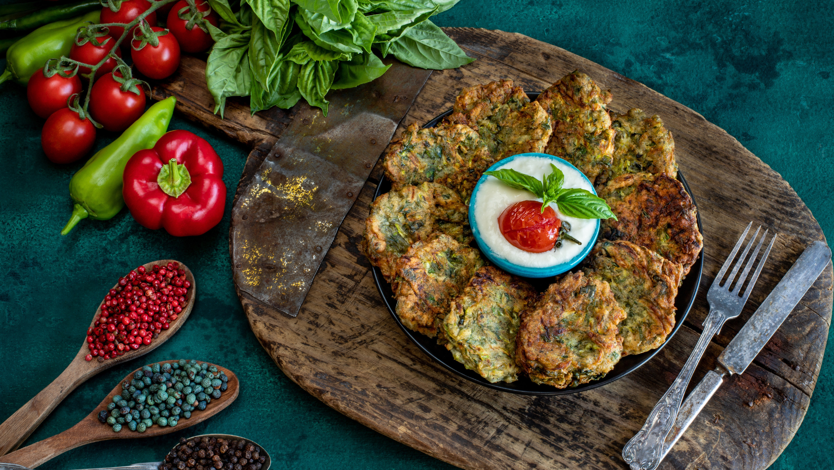 Many zucchini fritters in the plate with white sauce.