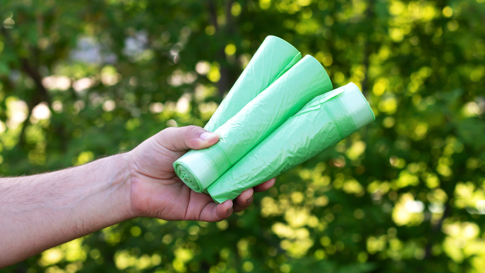 Holding eco-plastic PLA compostable & biodegradable garbage bio bags in rolls