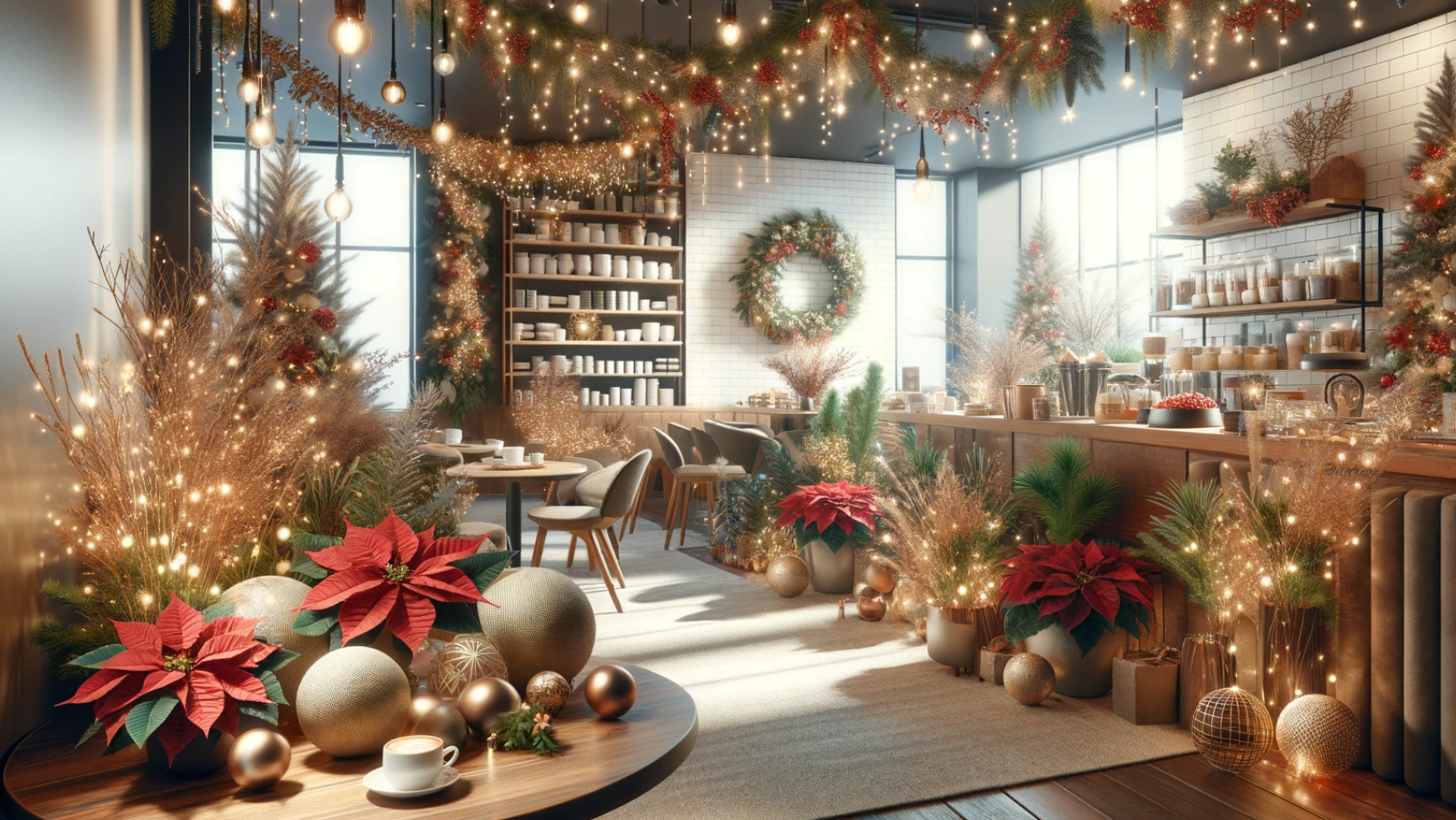 realistic image showcasing an elegantly decorated holiday-themed business setting