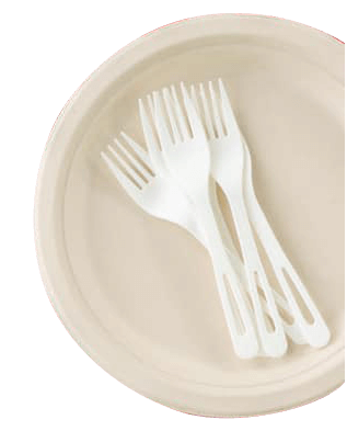 A disposable plate with disposable forks on top.