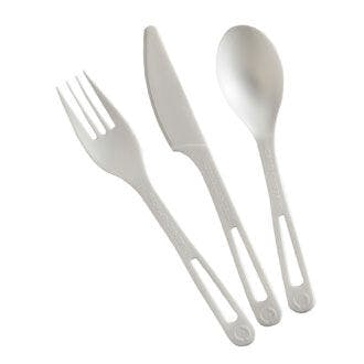 compostable and disposable cutlery with individual fork, knife and spoon