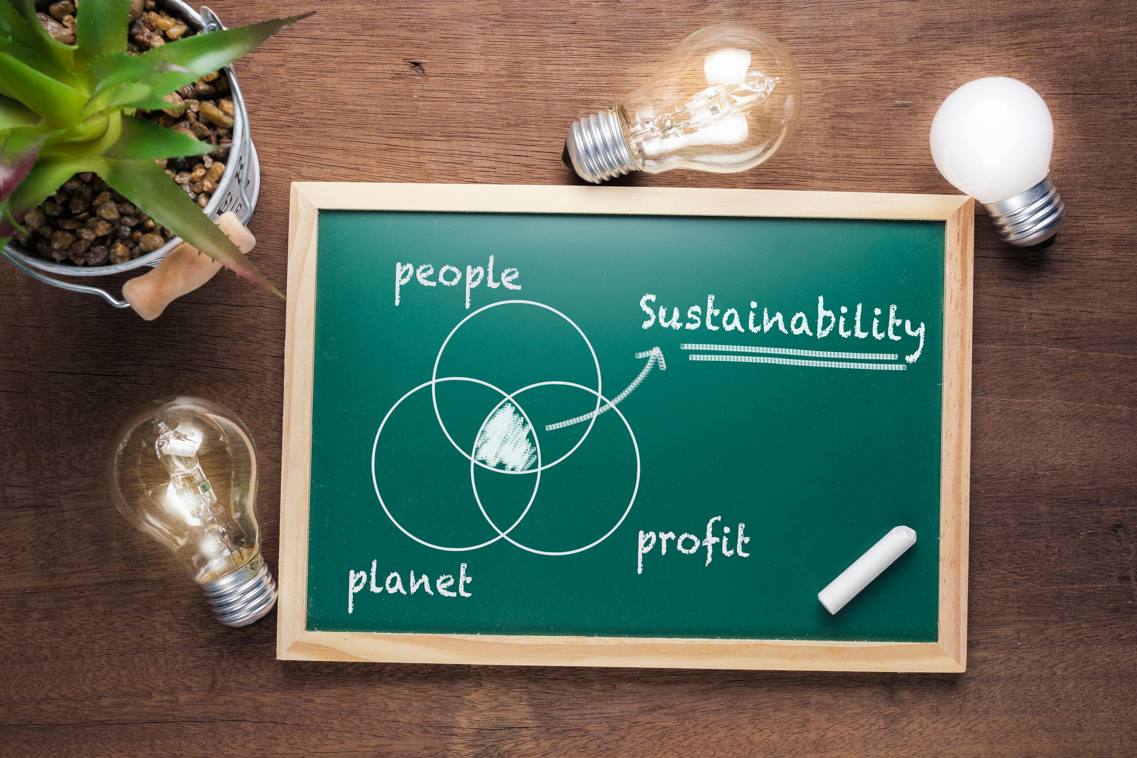 Sustainability Shown in the middle of a venn diagram between people, planet and profit