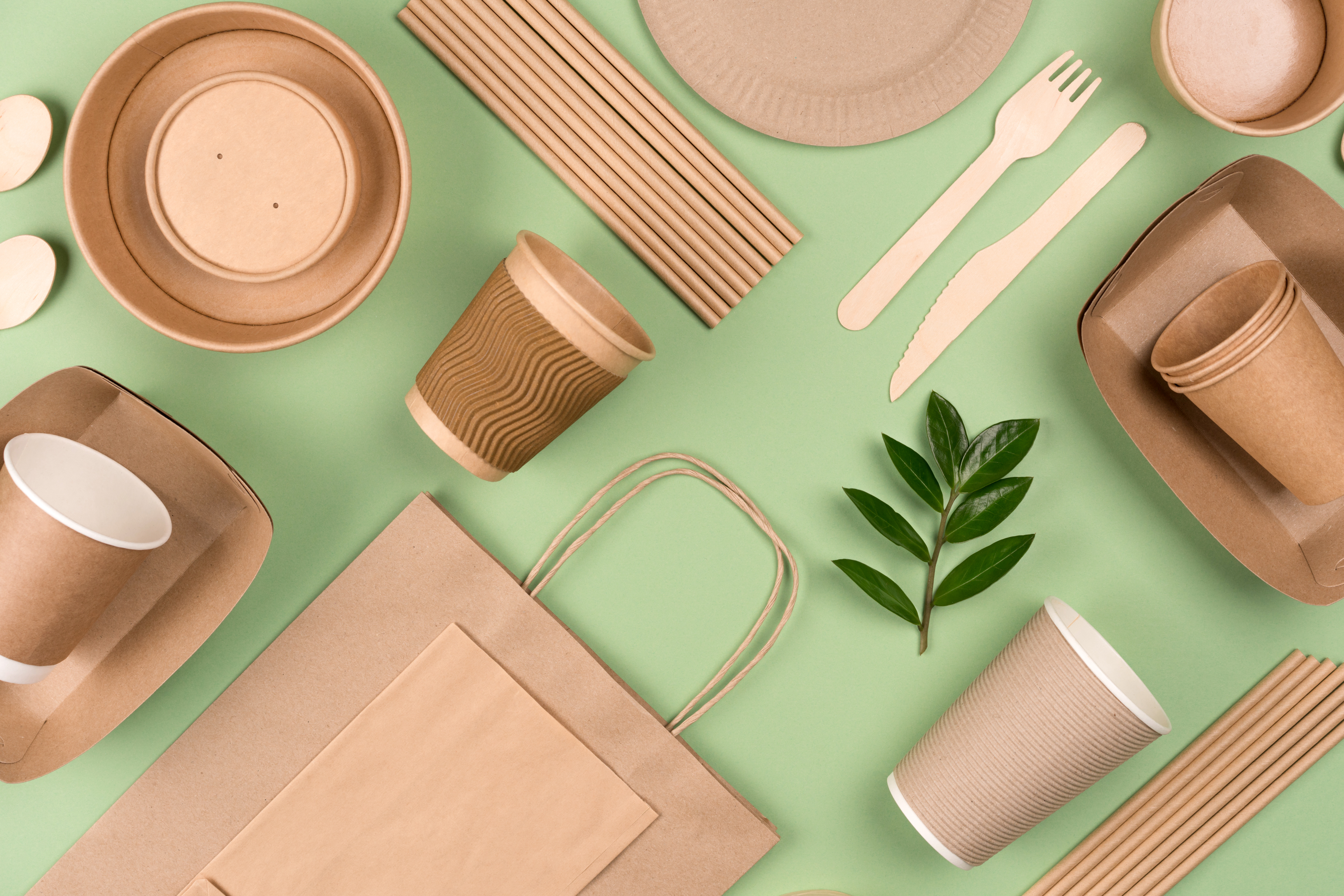A pastel green background hosts a variety of kraft paper bags, food trays, food containers, straws and wooden cutlery