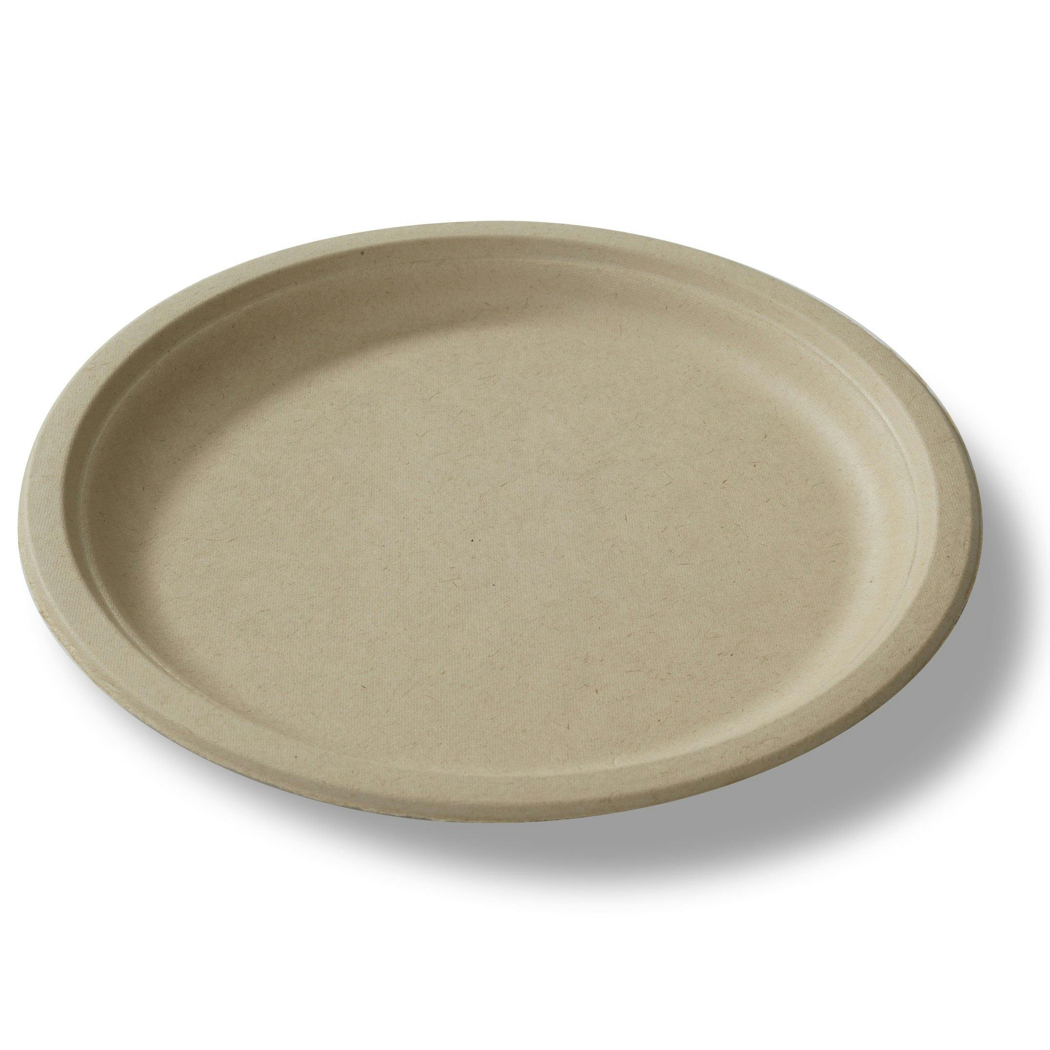 Ten inch brown biodegradable round plate on white background