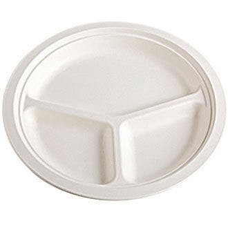 ten inch three partition white compostable plate on white background